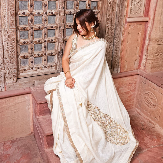 Iraaya: Regal Pure Kataan Silk Handloom Saree with Gotapatti, Dabka & Pearl Work
