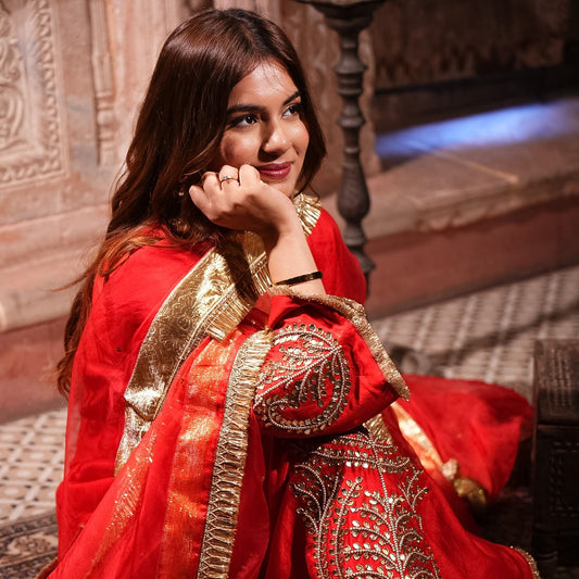 Gul: Bridal Red Pure Chanderi Silk Suit with Dabka, Gotta Patti & Pearl Hand Embroidery