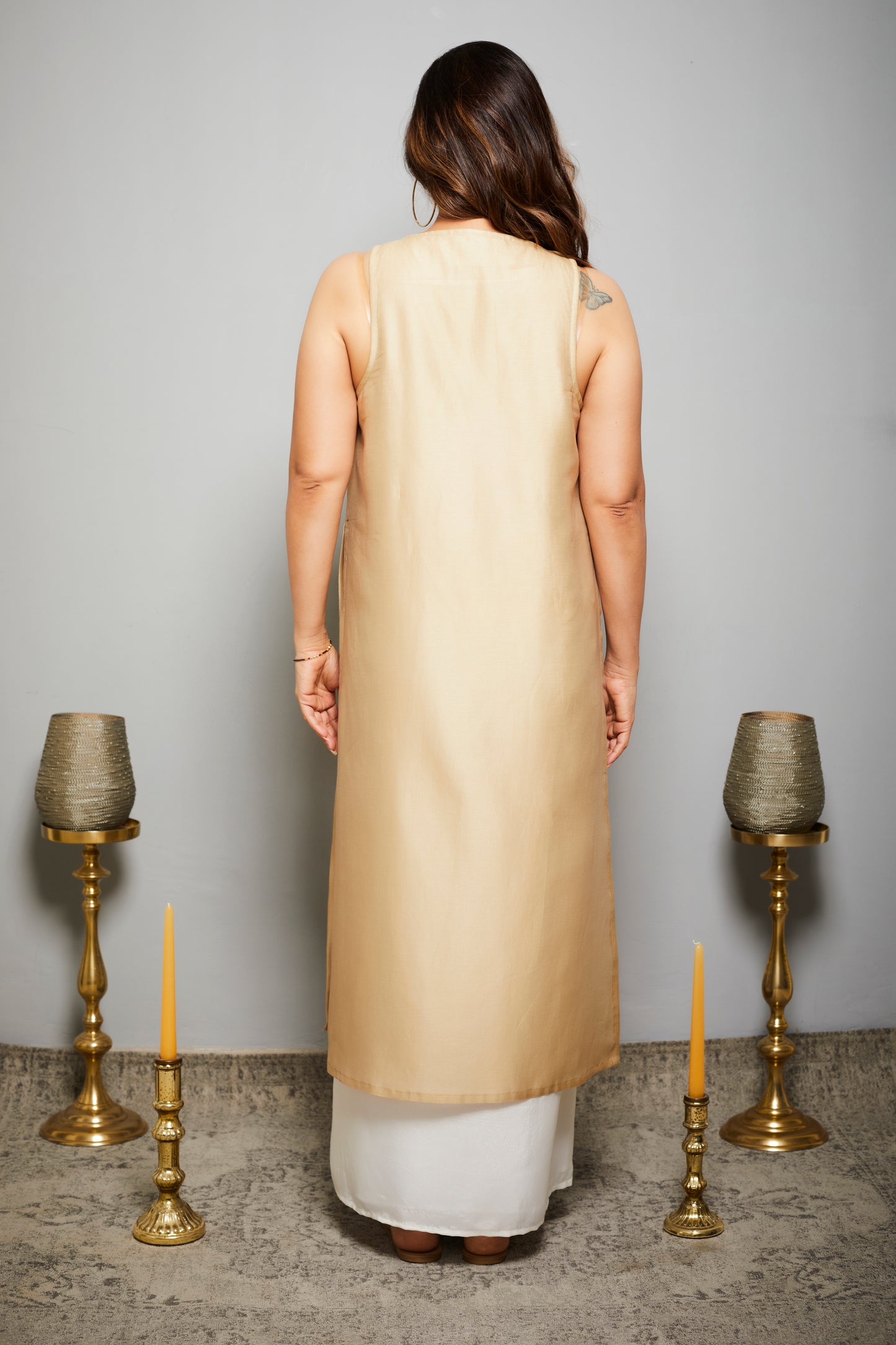 Ruh Pure Chanderi Overlay Long Dress - Gold