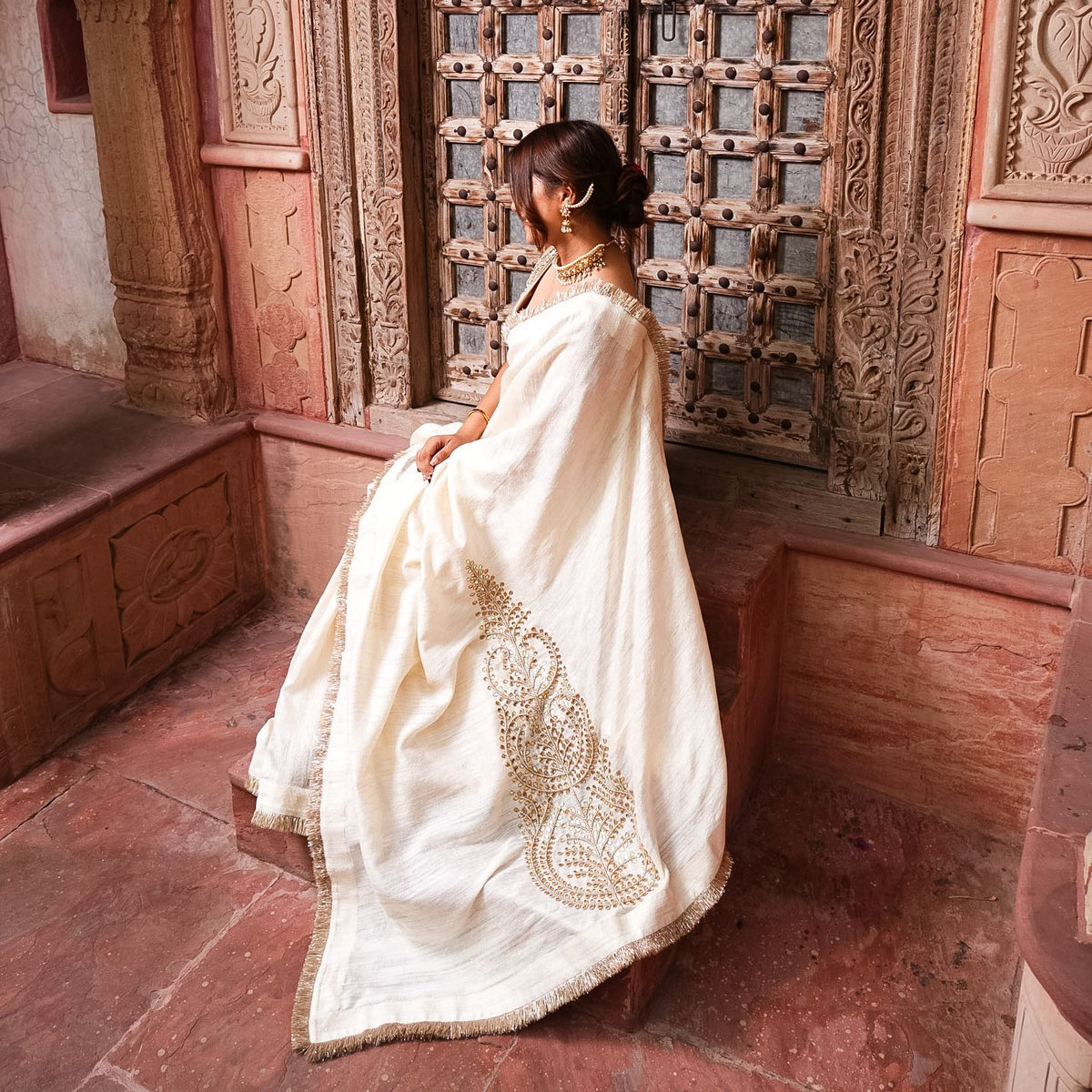 Iraaya: Regal Pure Kataan Silk Handloom Saree with Gotapatti, Dabka & Pearl Work