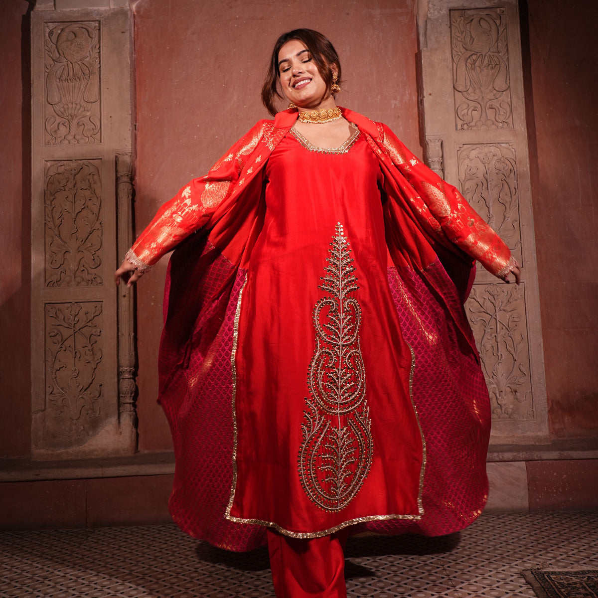 Svara: Royal Red Pure Banarasi Bridal Cape