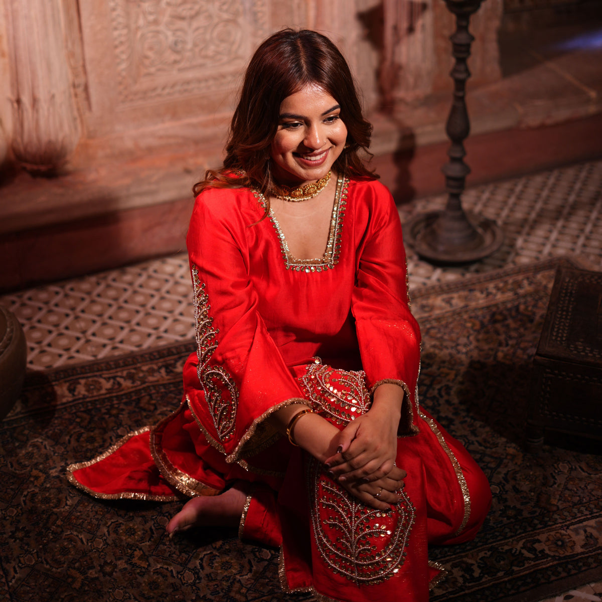 Gul: Bridal Red Pure Chanderi Silk Suit with Dabka, Gotta Patti & Pearl Hand Embroidery