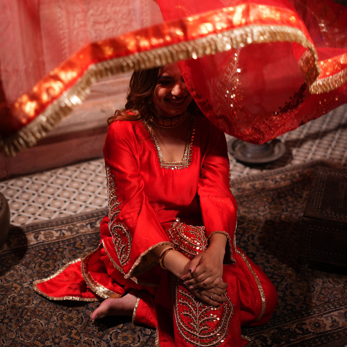Gul: Bridal Red Pure Chanderi Silk Suit with Dabka, Gotta Patti & Pearl Hand Embroidery