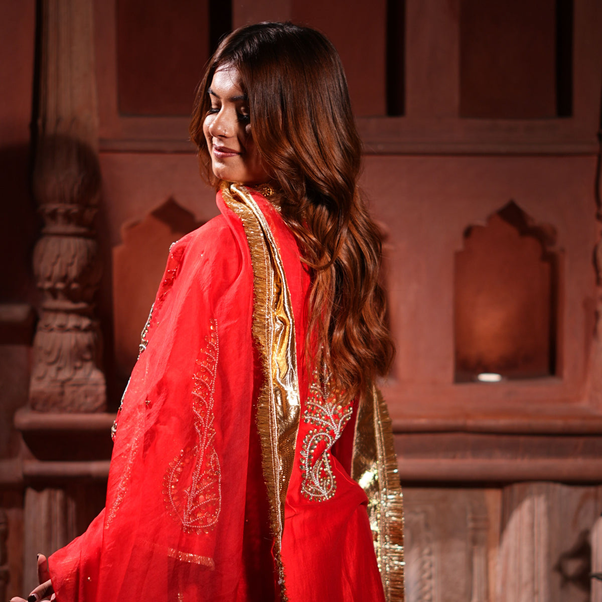 Gul: Bridal Red Pure Chanderi Silk Suit with Dabka, Gotta Patti & Pearl Hand Embroidery