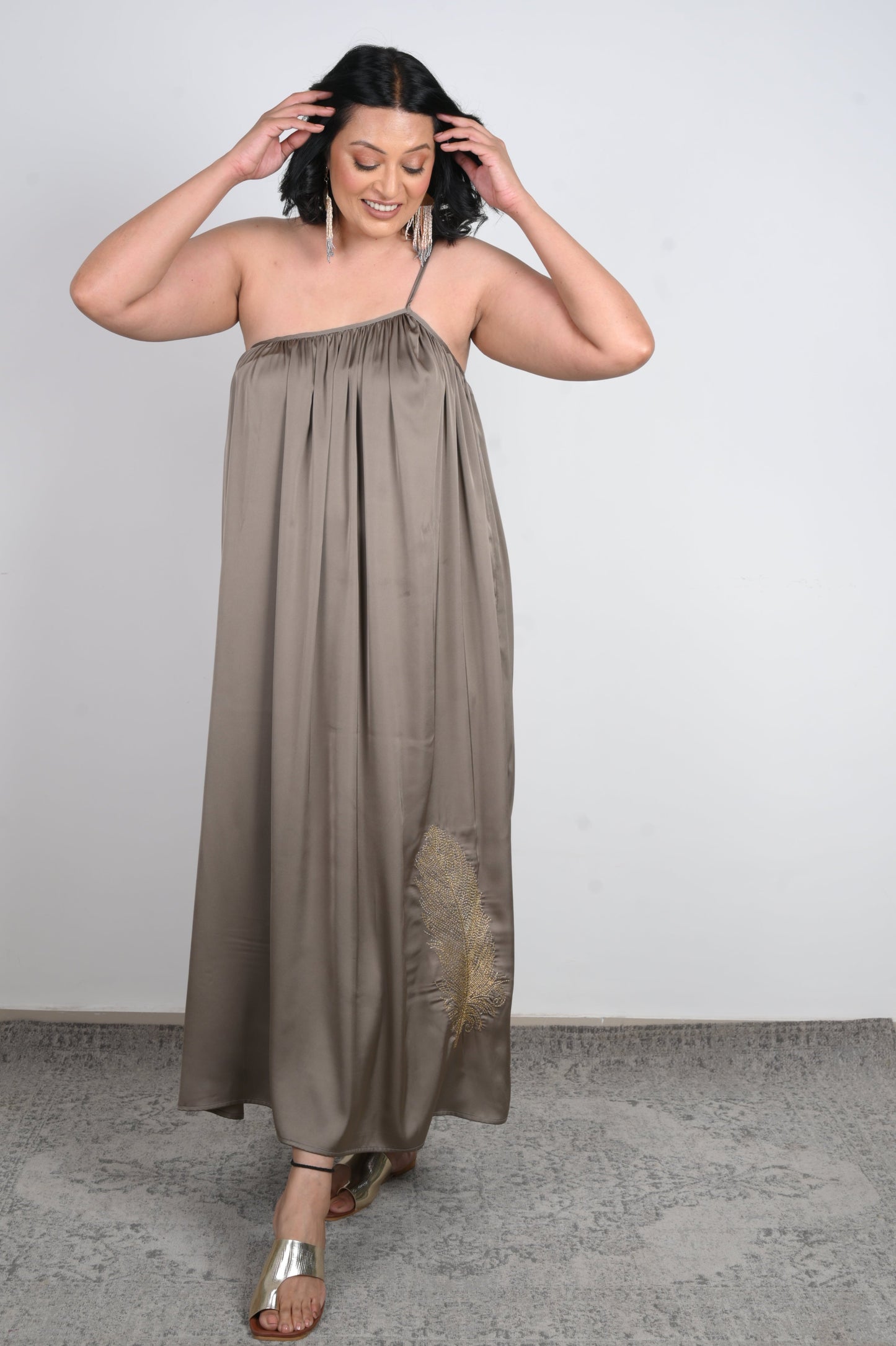Inaaya Embroidered Off-Shoulder Dress - Beige