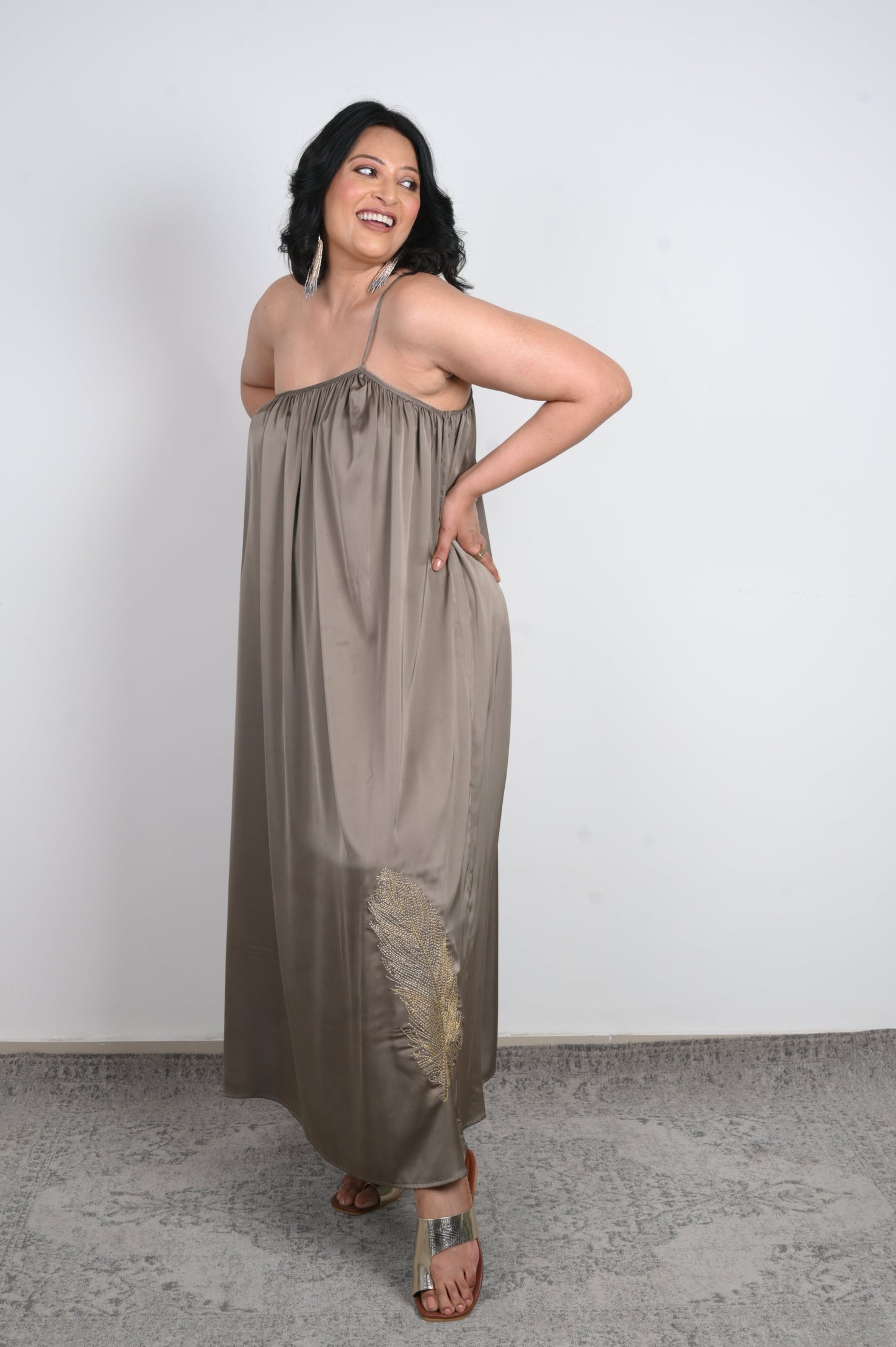 Inaaya Embroidered Off-Shoulder Dress - Beige
