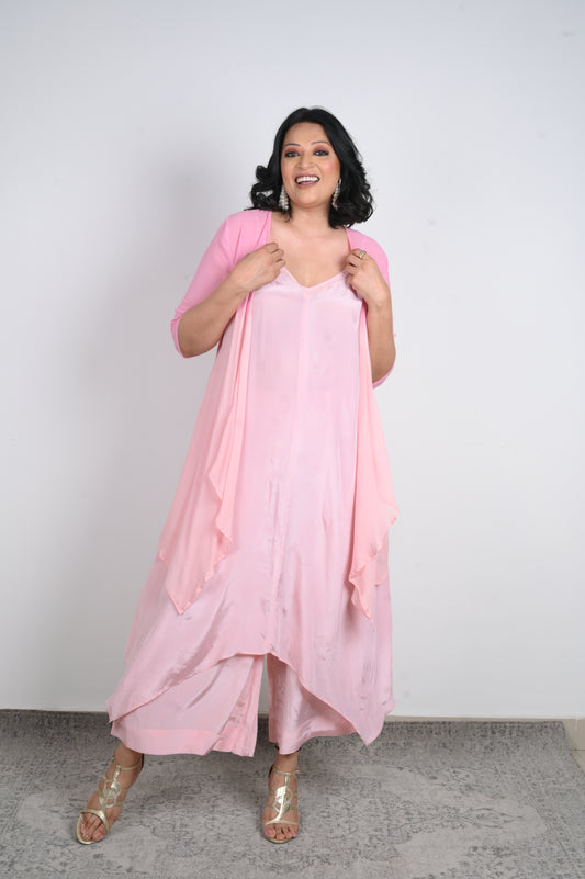 Meher Luxe Flared Pants Set with Georgette Shrug - Pink