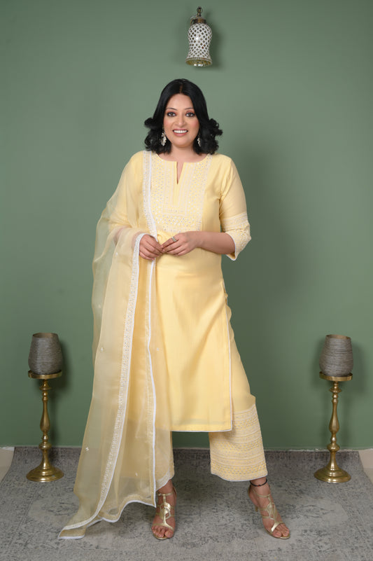 Elegant Chanderi Silk Suit with Dori Work - Yellow