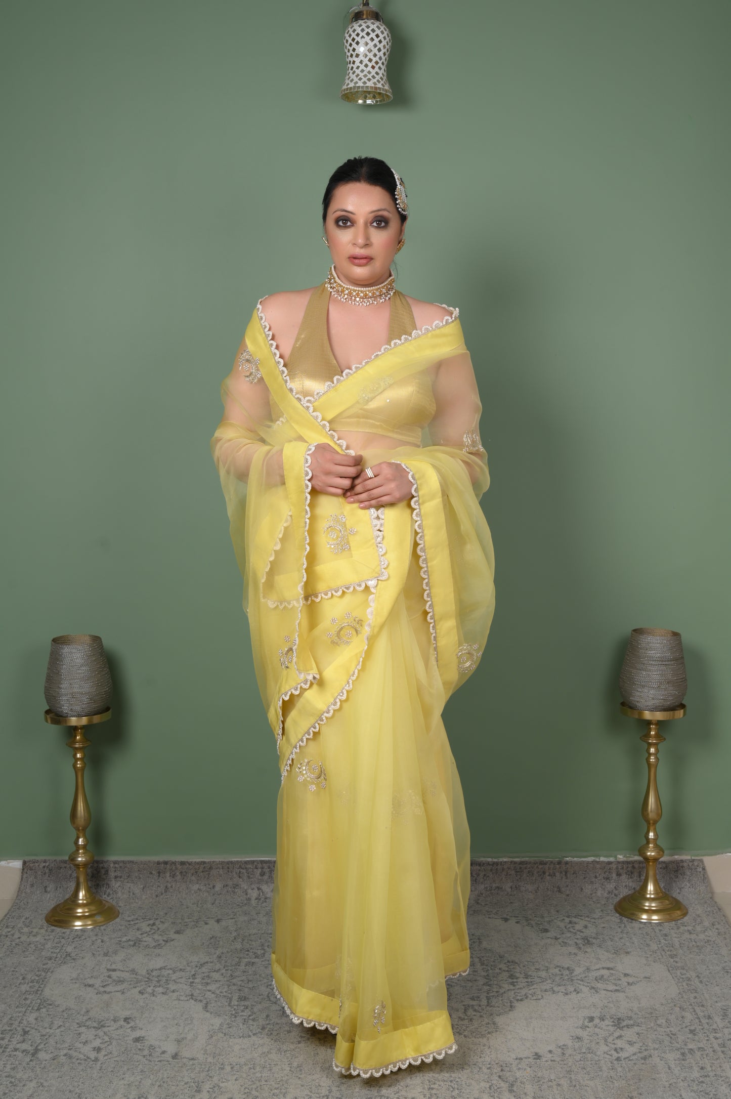 Handcrafted Dabka Embroidered Organza Saree