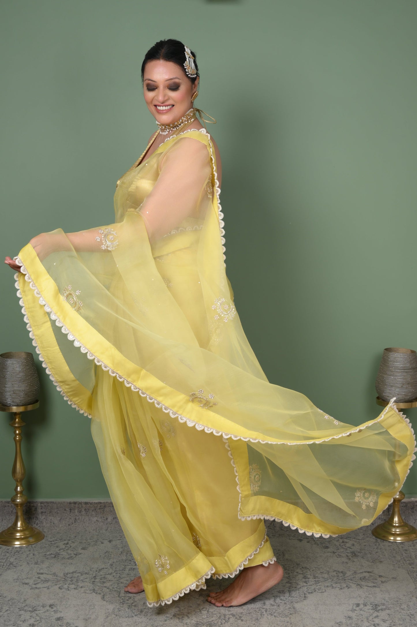 Handcrafted Dabka Embroidered Organza Saree