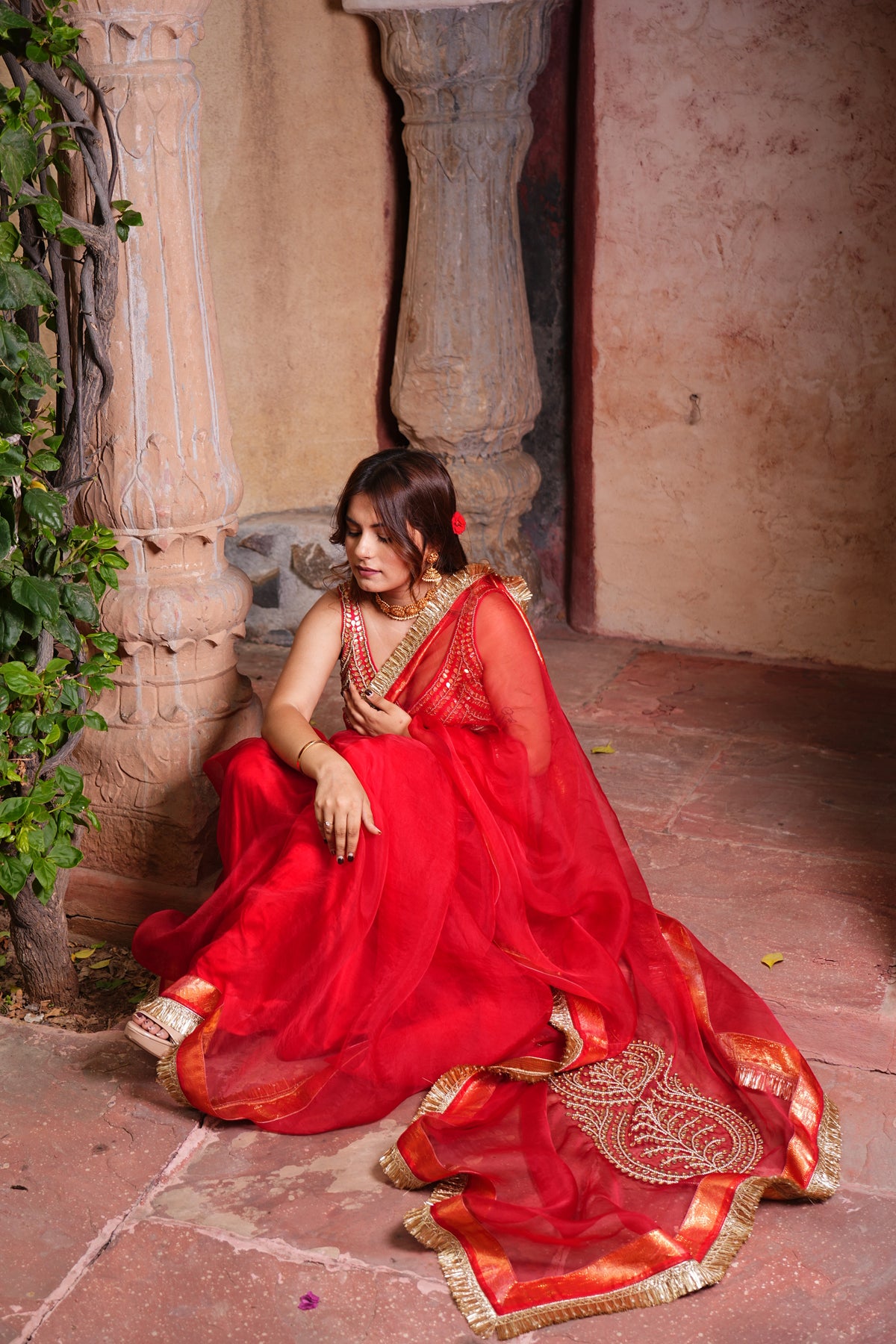 Red Pure Organza Saree with Dabka, Gotta Patti & Pearl Work