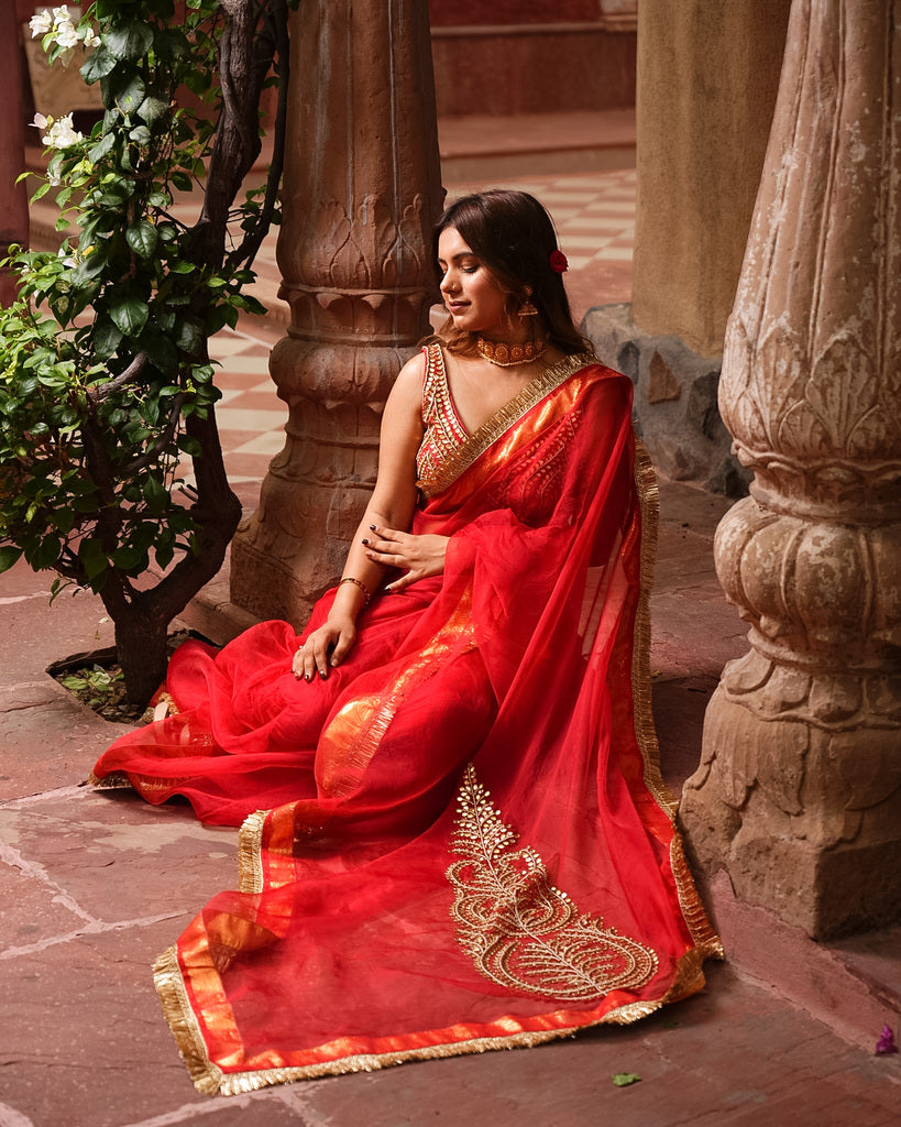 Red Pure Organza Saree with Dabka, Gotta Patti & Pearl Work