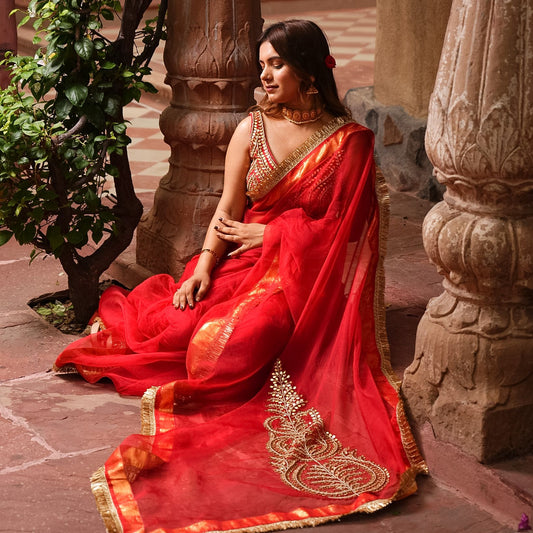 Surkh: Red Pure Organza Saree with Dabka, Gotta Patti & Pearl Work