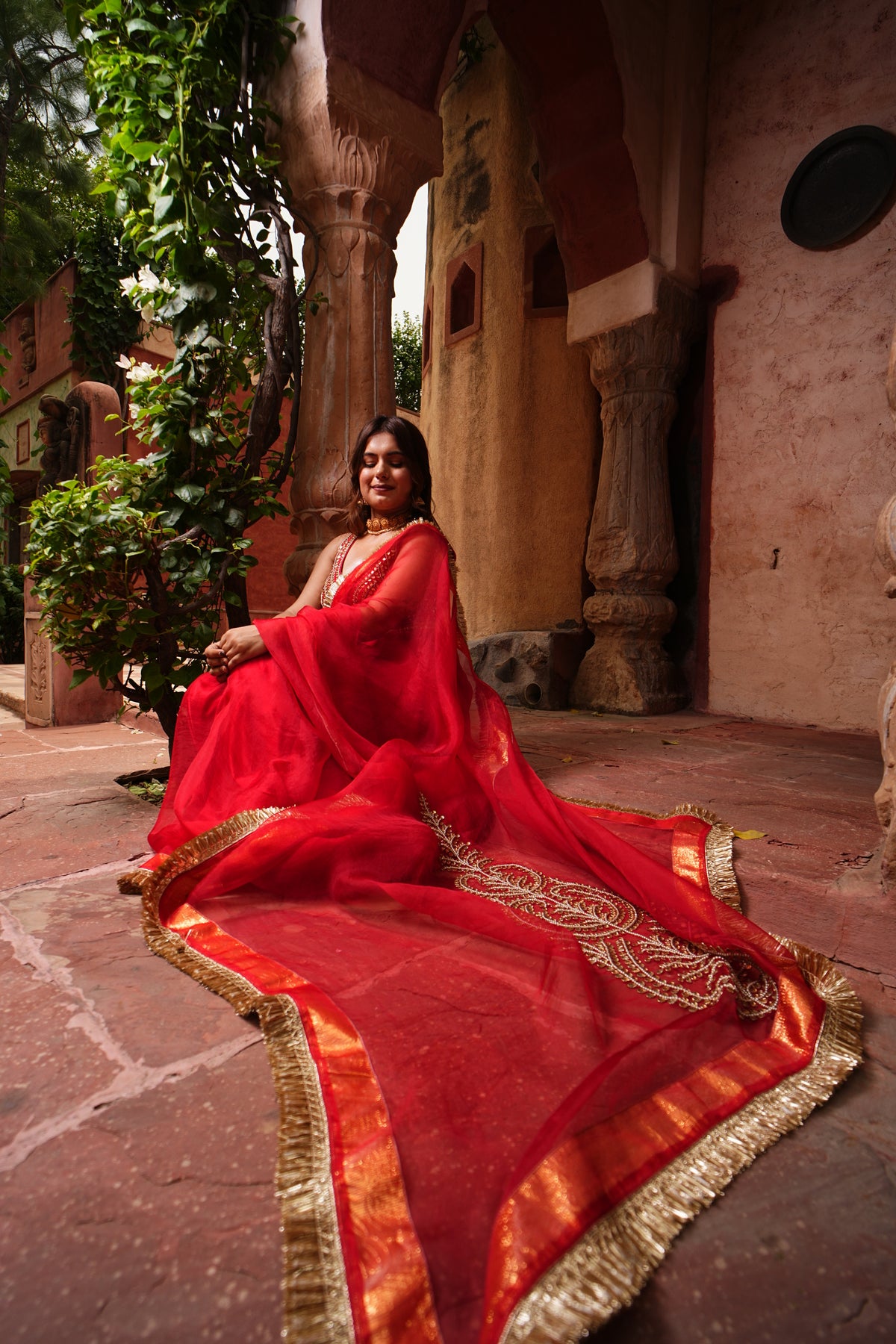 Red Pure Organza Saree with Dabka, Gotta Patti & Pearl Work