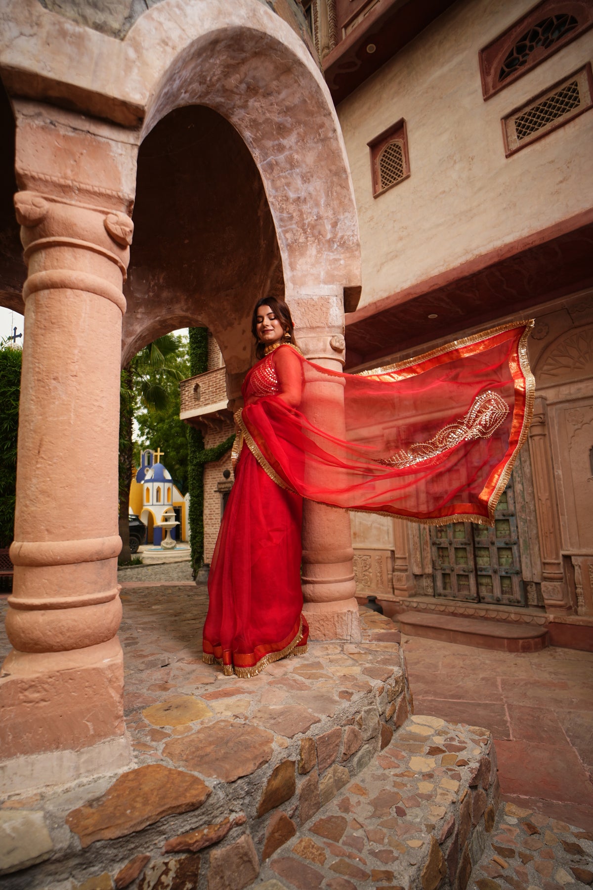 Red Pure Organza Saree with Dabka, Gotta Patti & Pearl Work