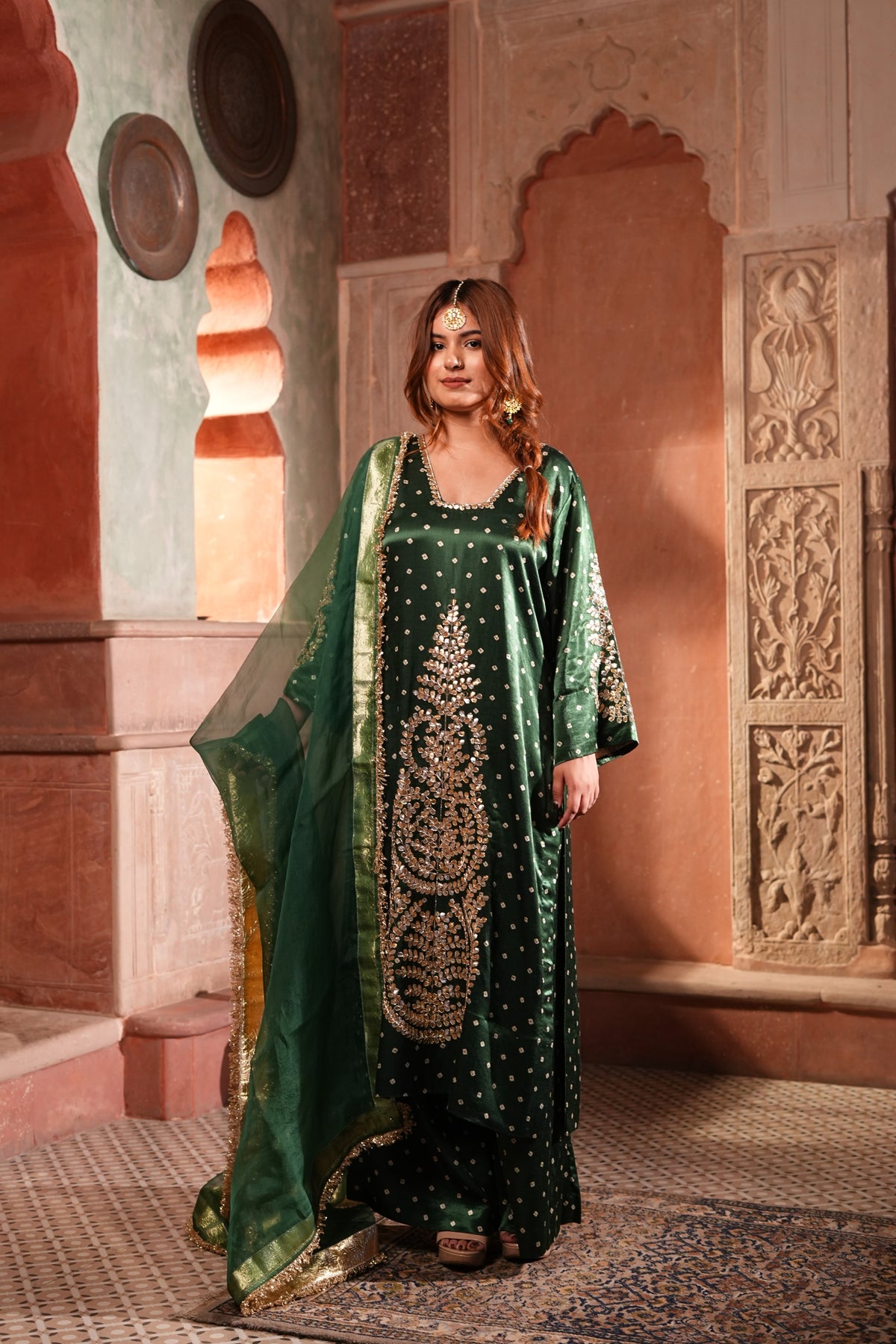 Emerald Green Premium Satin Blend Suit with Gotta Patti & Pittan Work
