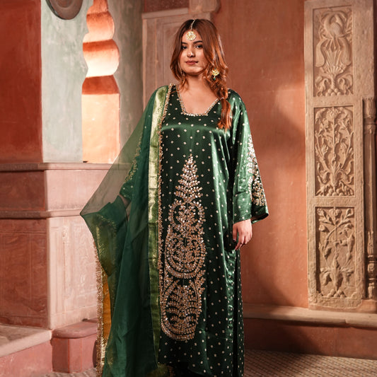 Tarini: Emerald Green Premium Satin Blend Suit with Gotta Patti & Pittan Work