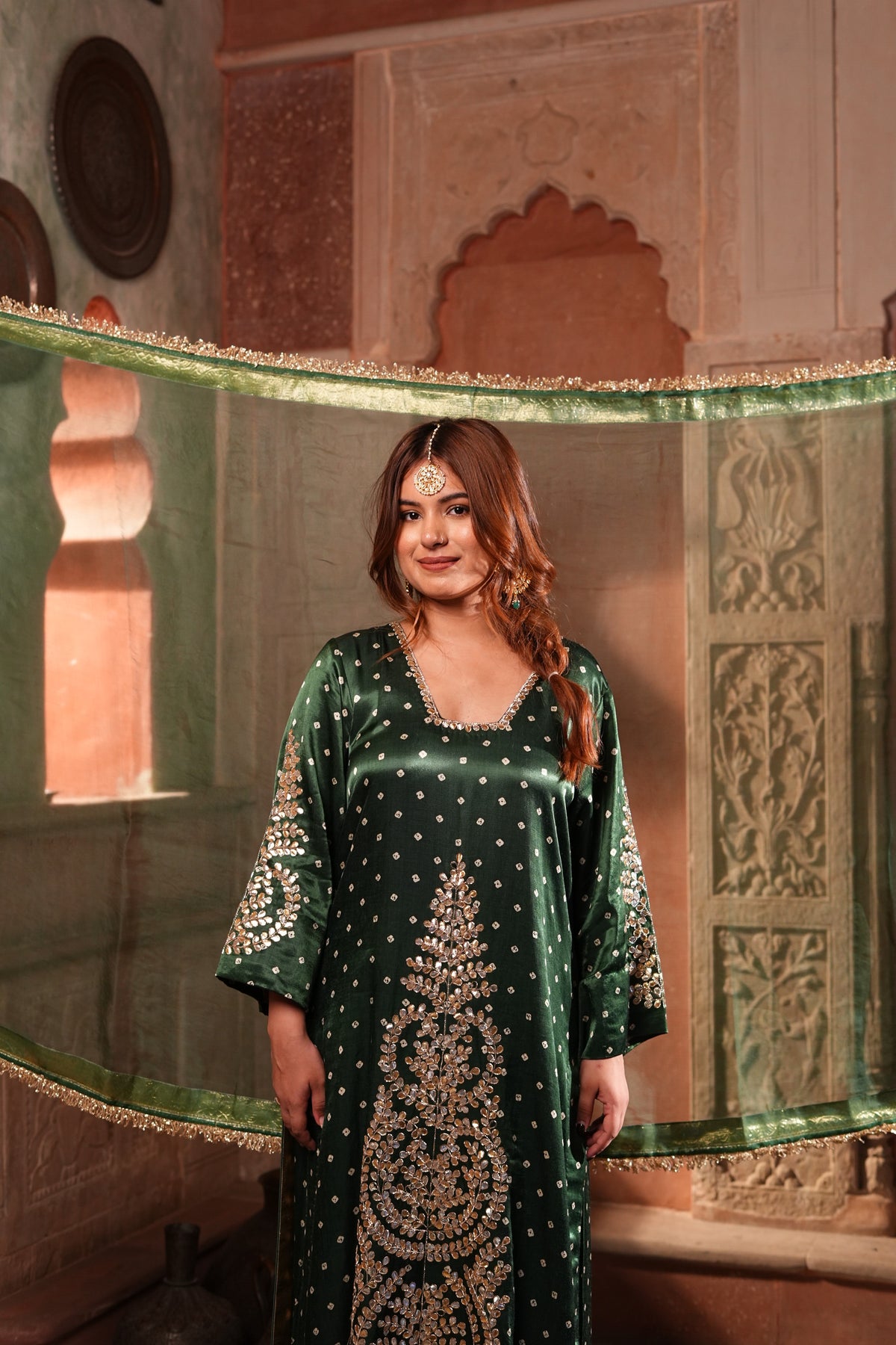 Emerald Green Premium Satin Blend Suit with Gotta Patti & Pittan Work