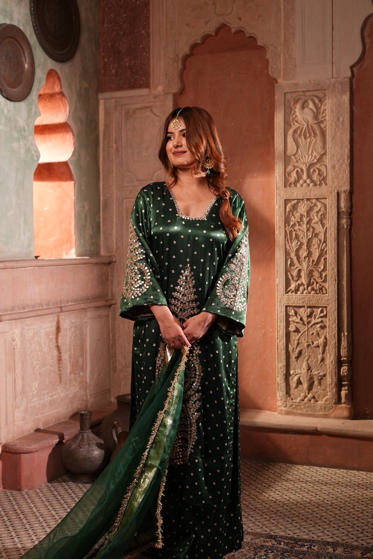Emerald Green Premium Satin Blend Suit with Gotta Patti & Pittan Work