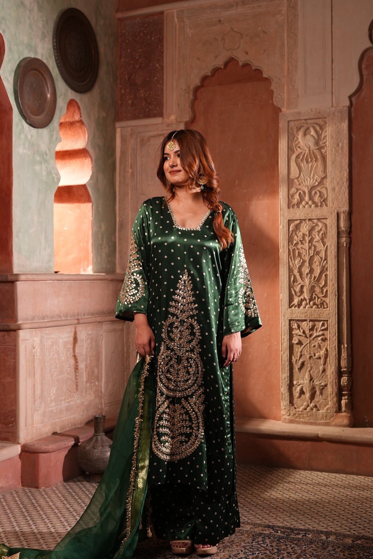 Emerald Green Premium Satin Blend Suit with Gotta Patti & Pittan Work