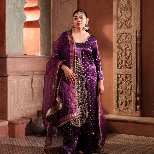 Tarini: Purple Premium Satin Blend Suit with Gotta Patti & Pittan Work