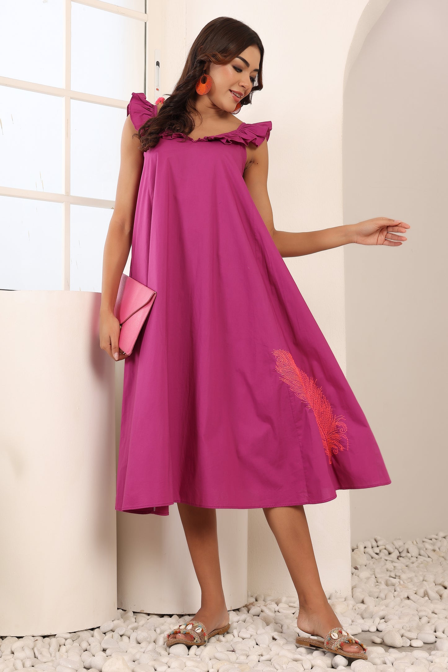Sana Cotton Embroidered Day Dress - Violet