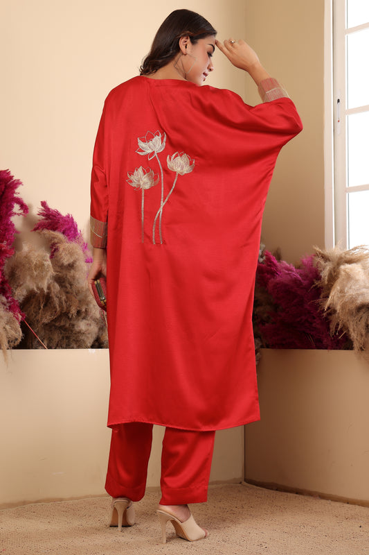 Sinb Embroidered Kaftan Set for Women with Dori Work - Red