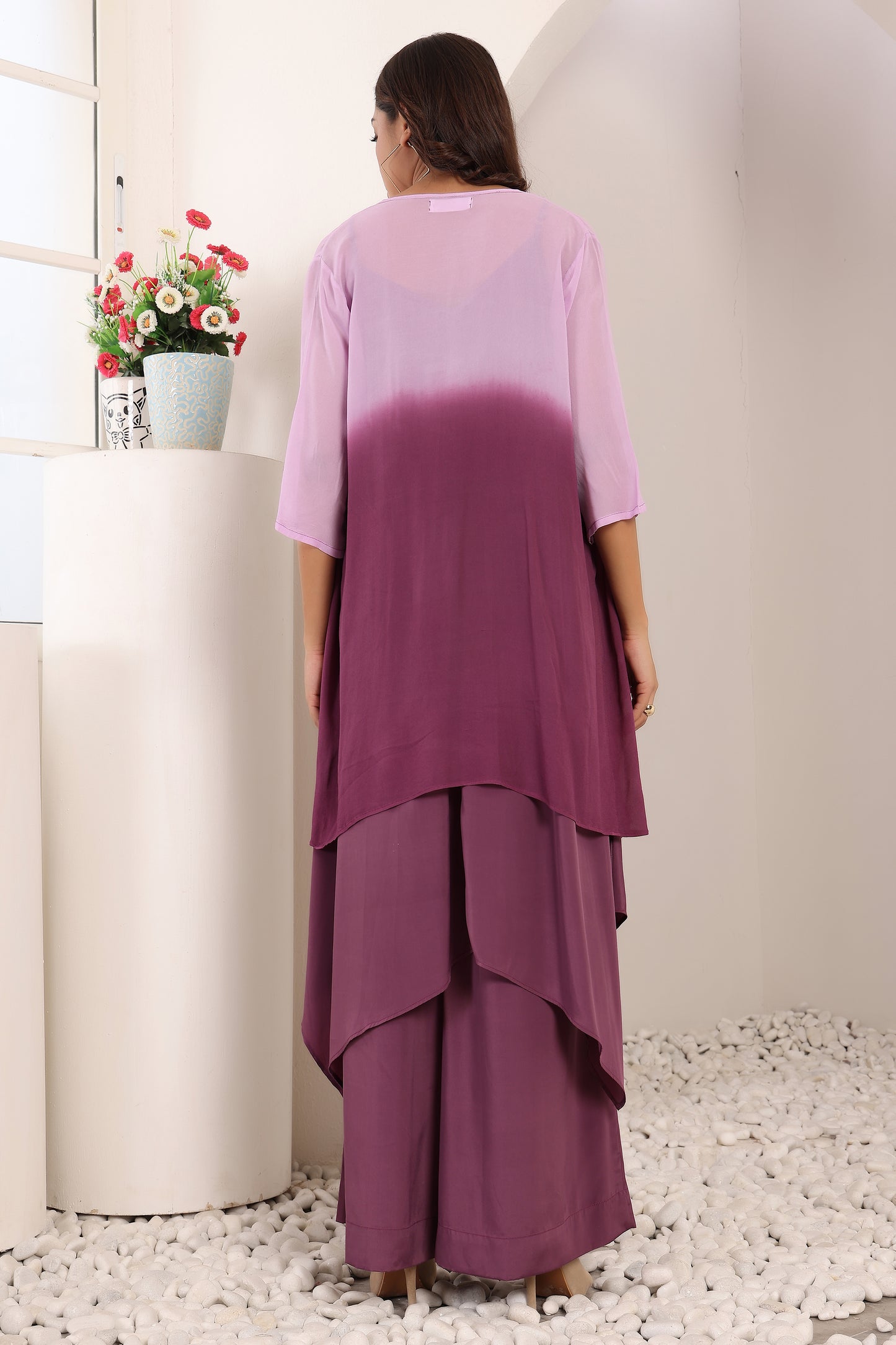 Meher Luxe Flared Pants Set with Georgette Shrug - Violet