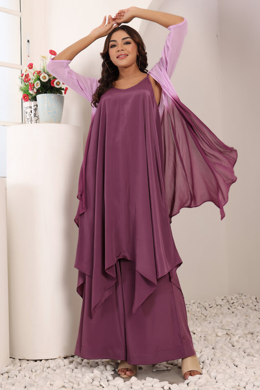 Meher Luxe Flared Pants Set with Georgette Shrug - Violet