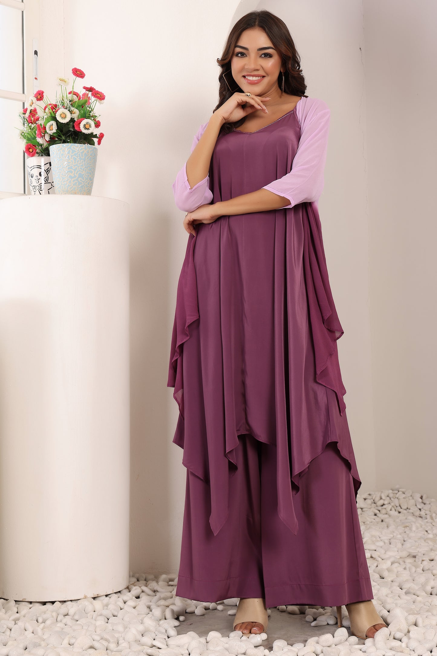 Meher Luxe Flared Pants Set with Georgette Shrug - Violet